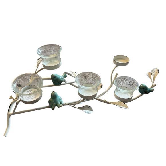 Metal Branch Centerpiece Candle Holder Blue Birds White Patina Whimsical Cottage - Picture 6 of 8